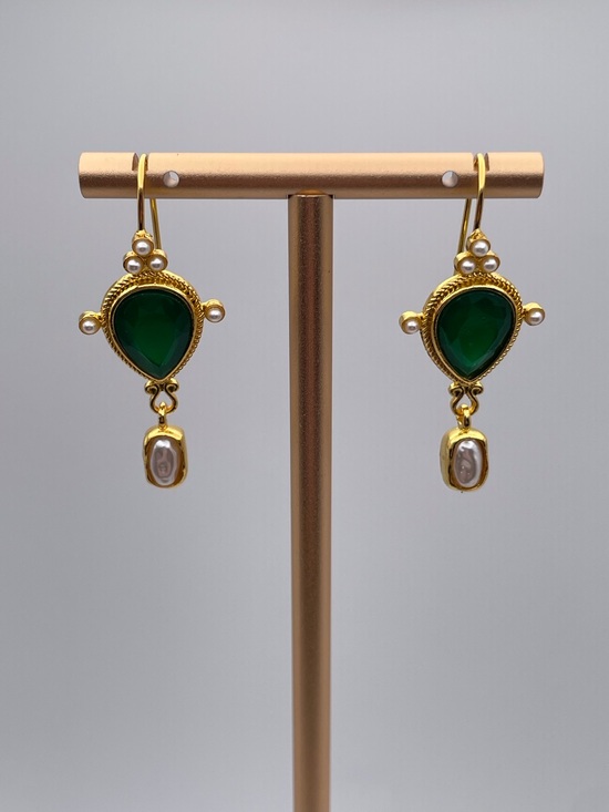 None Jewelry - Gold Green Gem Faux Pearl Earrings